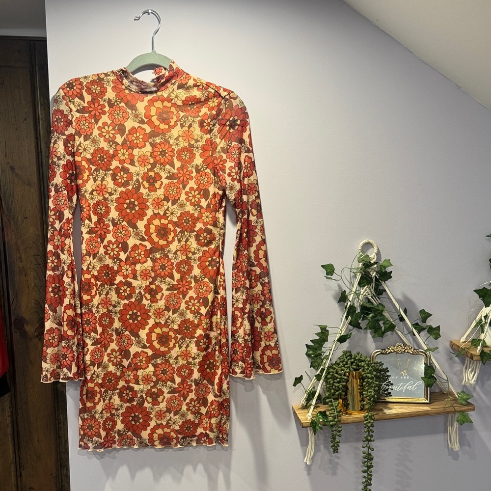 SHEIN Red and Orange Floral Long Sleeve Dress
